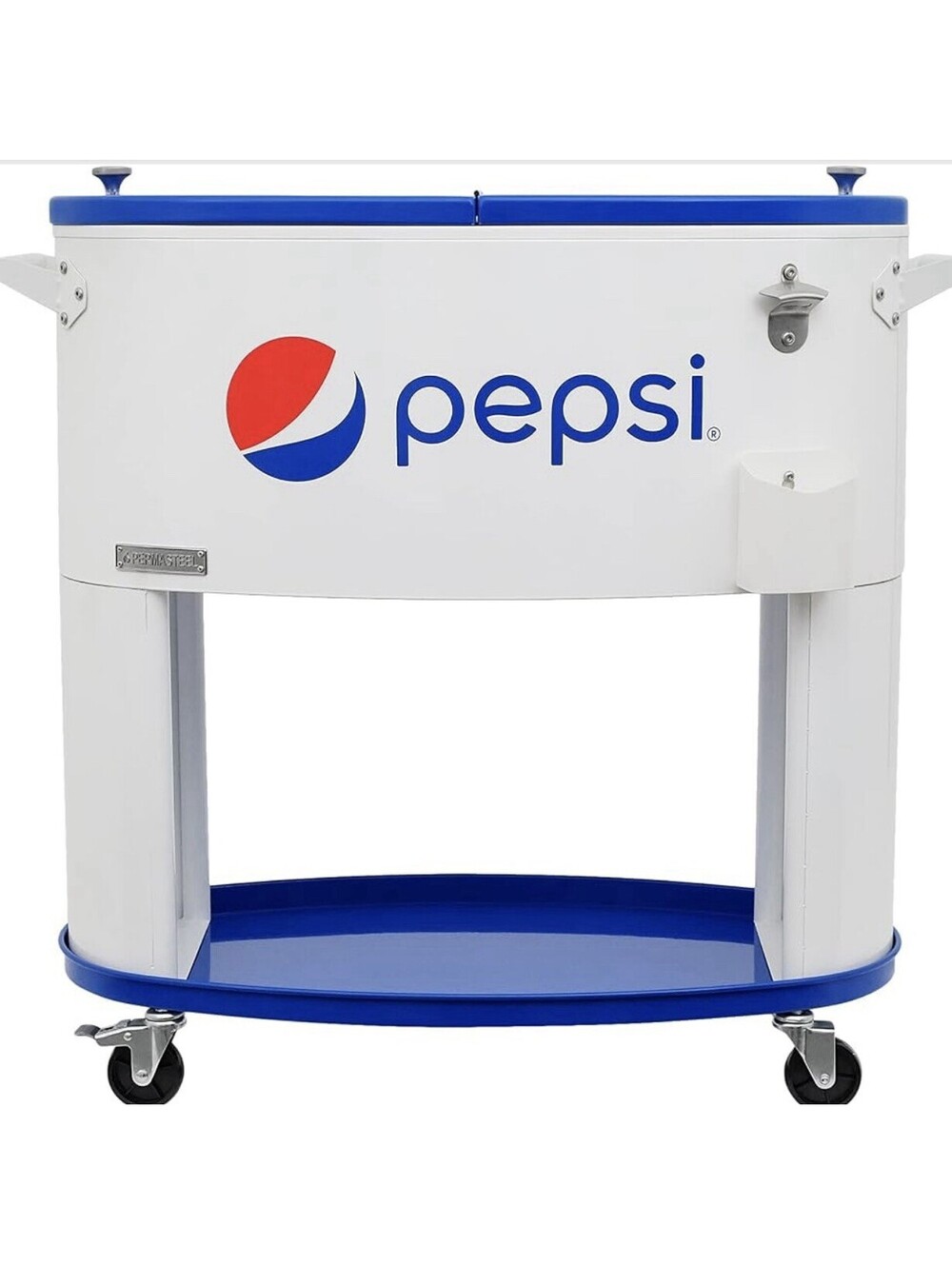 Permasteel Pepsi 80 Qt Rolling Patio Cooler Cart w Wheels Outdoor Beverage Ice